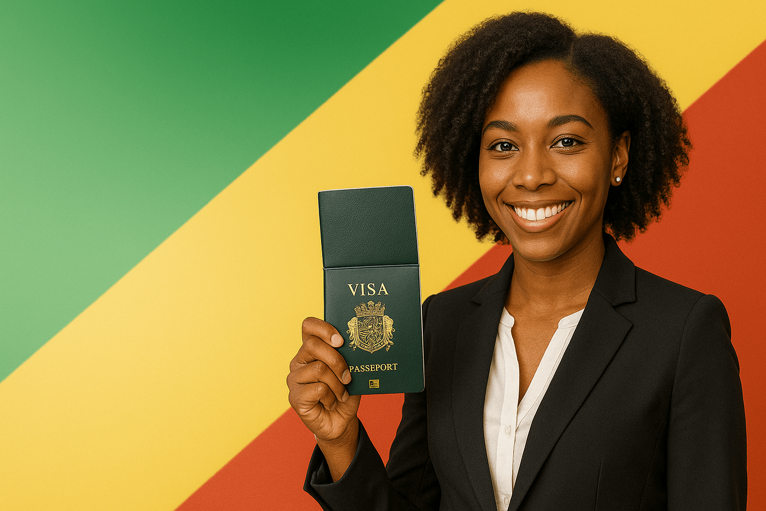 Jeune femme afro tenant un passeport de la République du Congo